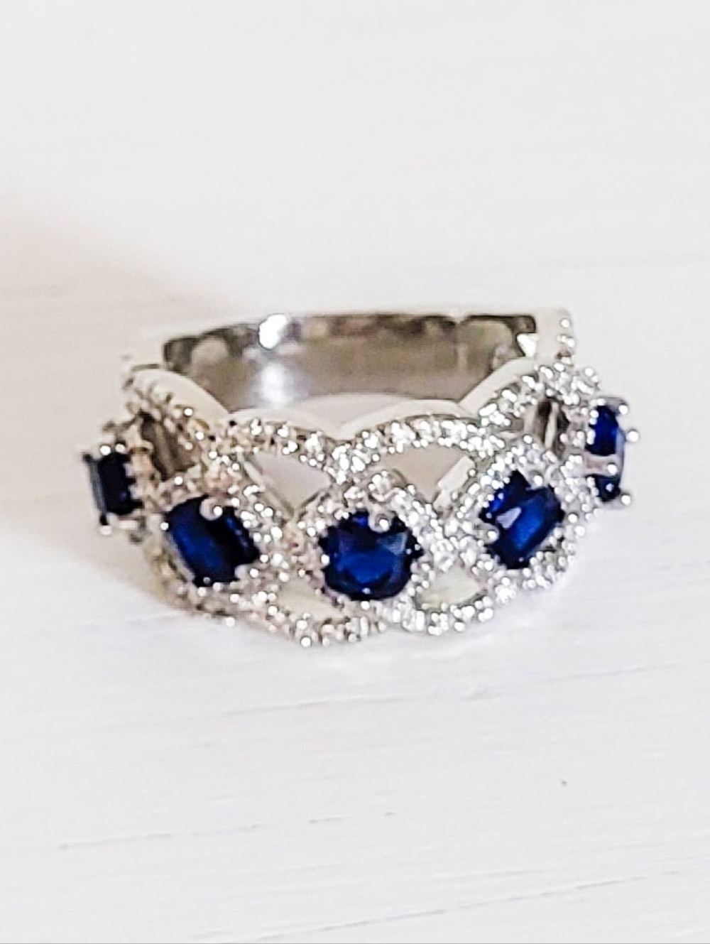 Sz 6 Women's Sapphire Blue Halo Statement Ring